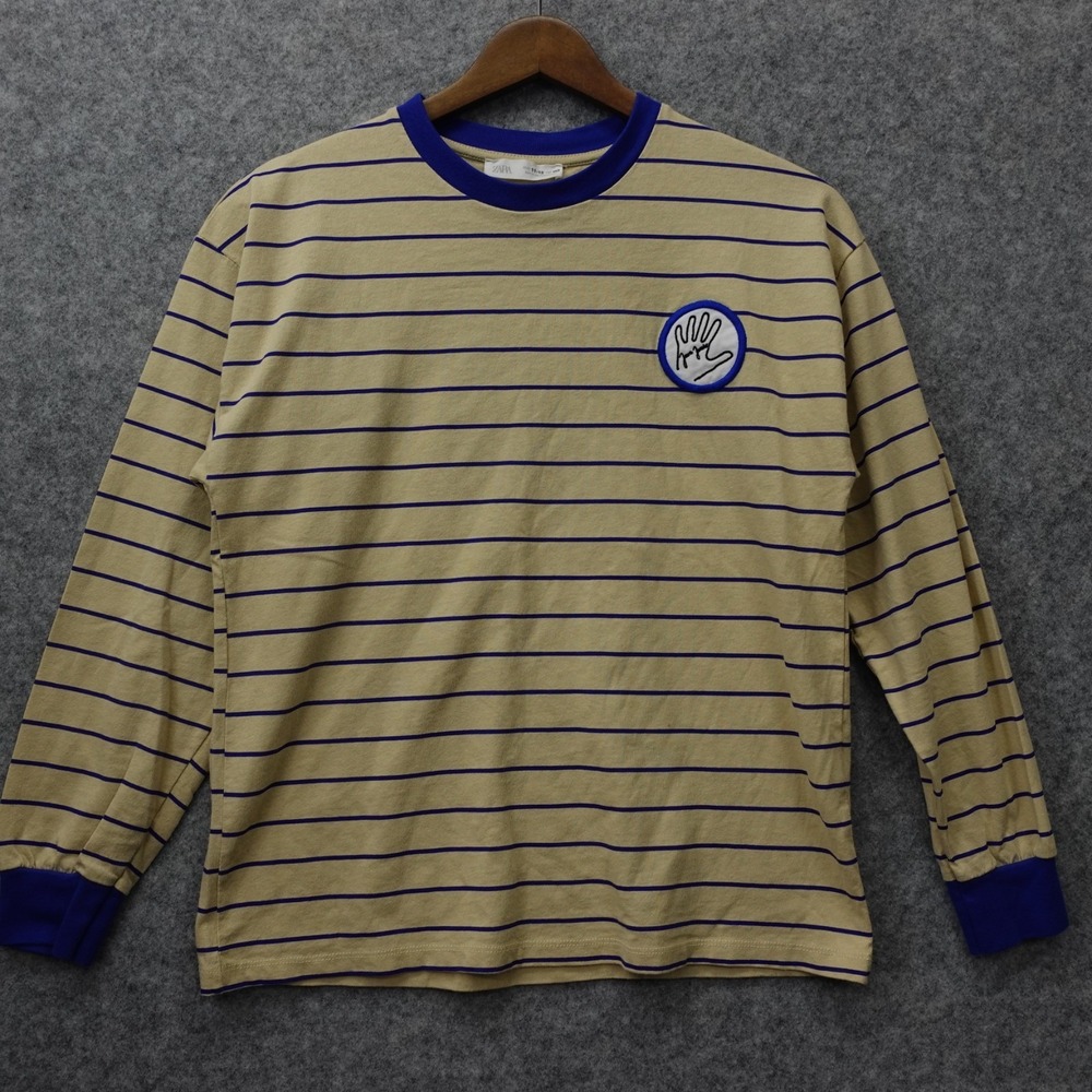 Striped Ringer Shirt Boys 11 12‎ Tan Blue ZARA Jean Julian Logo Patch Tee School